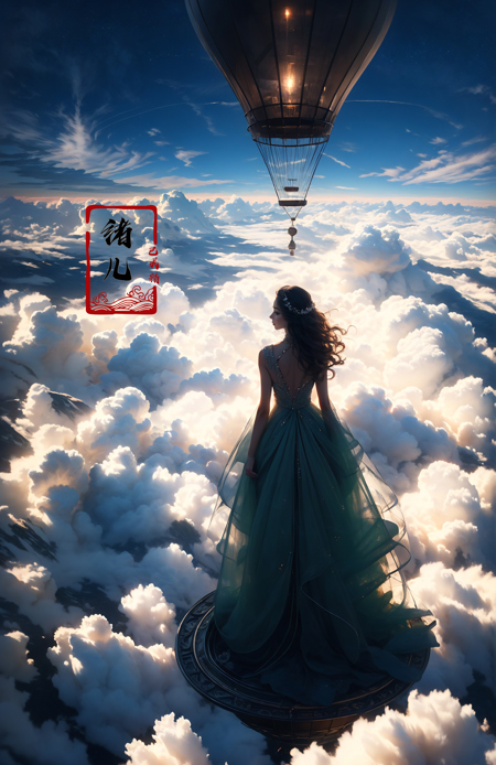 606247209521968580-420704863-A beautiful woman with an angelic face on a hot air Huge birdcage, Huge birdcage drifts above above clouds, awed by the beauty b.jpg